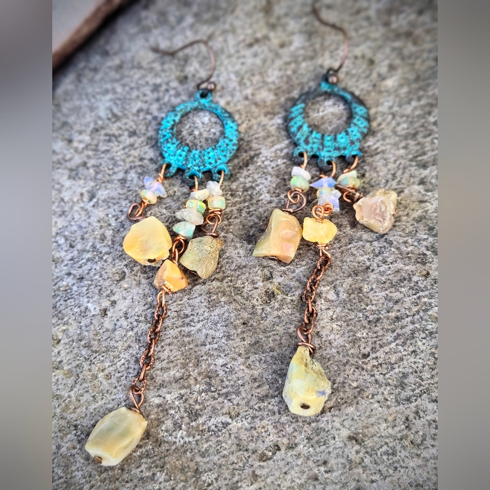 Spellbinding Ethiopian Welo Yellow Opal In Verdigris Blue Patina Copper Earrings - Picture 2 of 9
